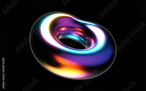 A 3D rendered abstract digital art piece of a glowing torus shape against a black background. 