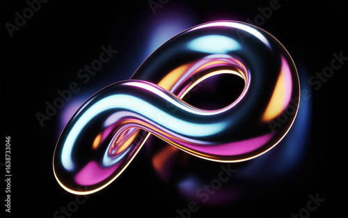 A 3D rendered abstract infinity symbol with a metallic, glossy finish against a black background. The symbol has a curved, flowing design with a smooth, liquid-like appearance. 