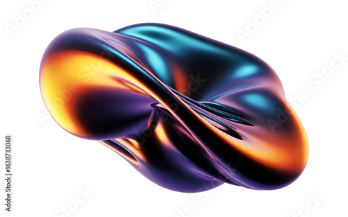 A 3D rendered abstract digital art piece featuring a flowing, organic shape with a metallic, liquid-like surface. 