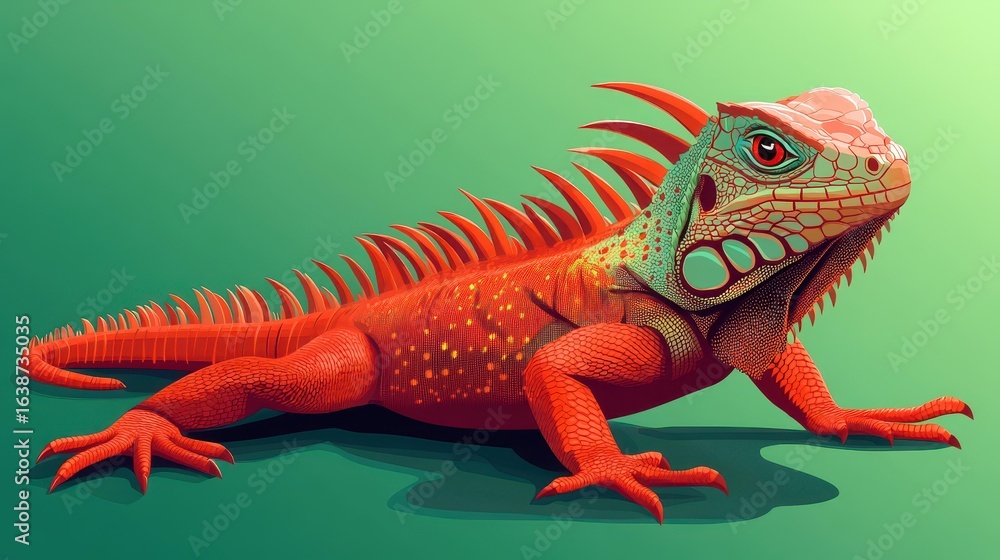 Fototapeta premium A vibrant illustration of a crested iguana on a green backdrop, perfect for wildlife education and design project needs.