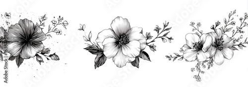 Monochrome floral design featuring three bouquets of detailed blossoms and foliage
