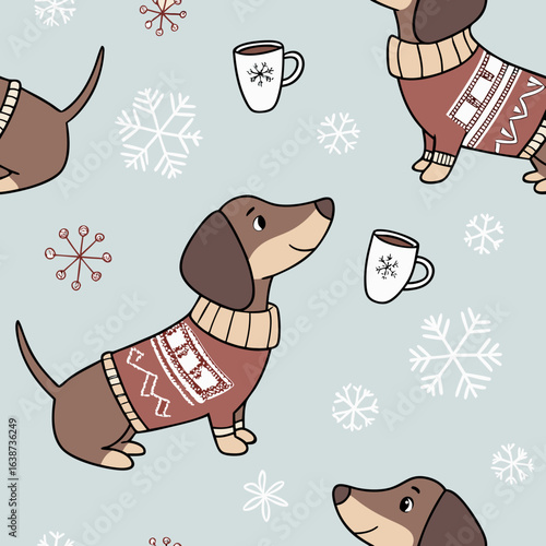 “Seamless cozy winter pattern, cute dogs in knitted sweaters, snowflakes, hot cocoa mugs, light blue background, vector repeat, best-selling holiday pet product design.”
