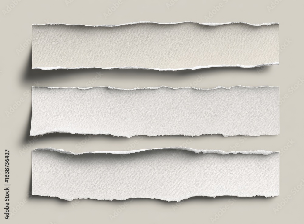 Fototapeta premium Three torn paper strips against a neutral background