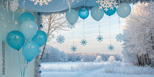 Frozen-inspired birthday decor with icy blue balloons, snowflake garlands, and shimmering backdrop, in a winter wonderland setting.
