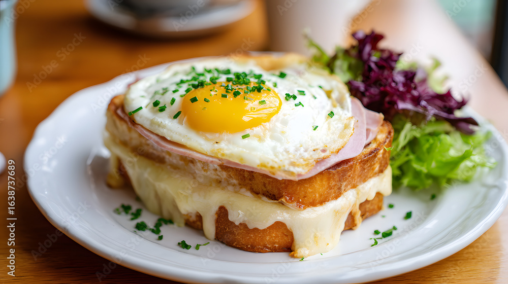 Delicious Croque Madame Sandwich with Egg, Cheese, Ham, and Fresh Greens on a White Plate Delicious Croque Madame Sandwich with Egg, Cheese, Ham, and Fresh Greens on a White Plate