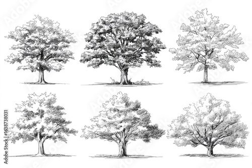 Six detailed pencil sketches of mature trees