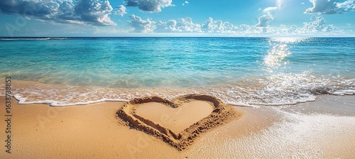 Heart Shape Drawn in Sand on Tropical Beach by Ocean Waves