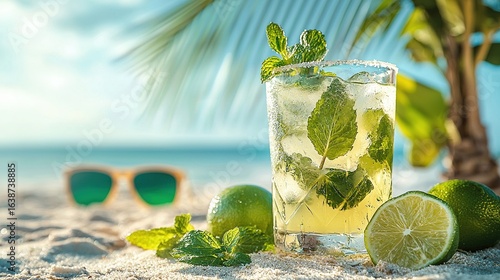 Summer Beach Mojito Drink With Lime and Mint by Palm Tree