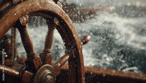 Close-up of weathered wooden ship's wheel, water splashing