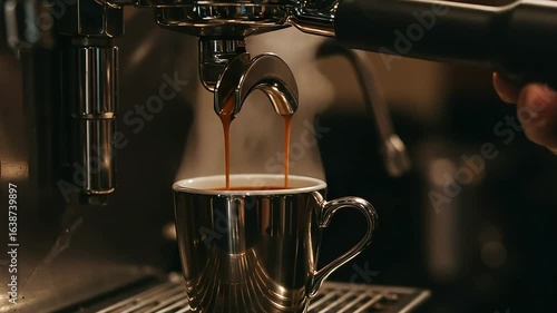 Close-up of espresso being brewed into a silver cup with steam rising in a caf? setting