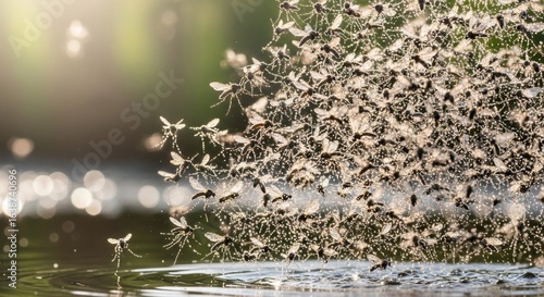 Swarm of Midges Covered in Dewdrops Sparkles in Sunlight Over Water