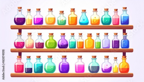 Shelf of Magic Potions. A wooden shelf filled with various shapes of glass bottles containing colorful magic potions.
