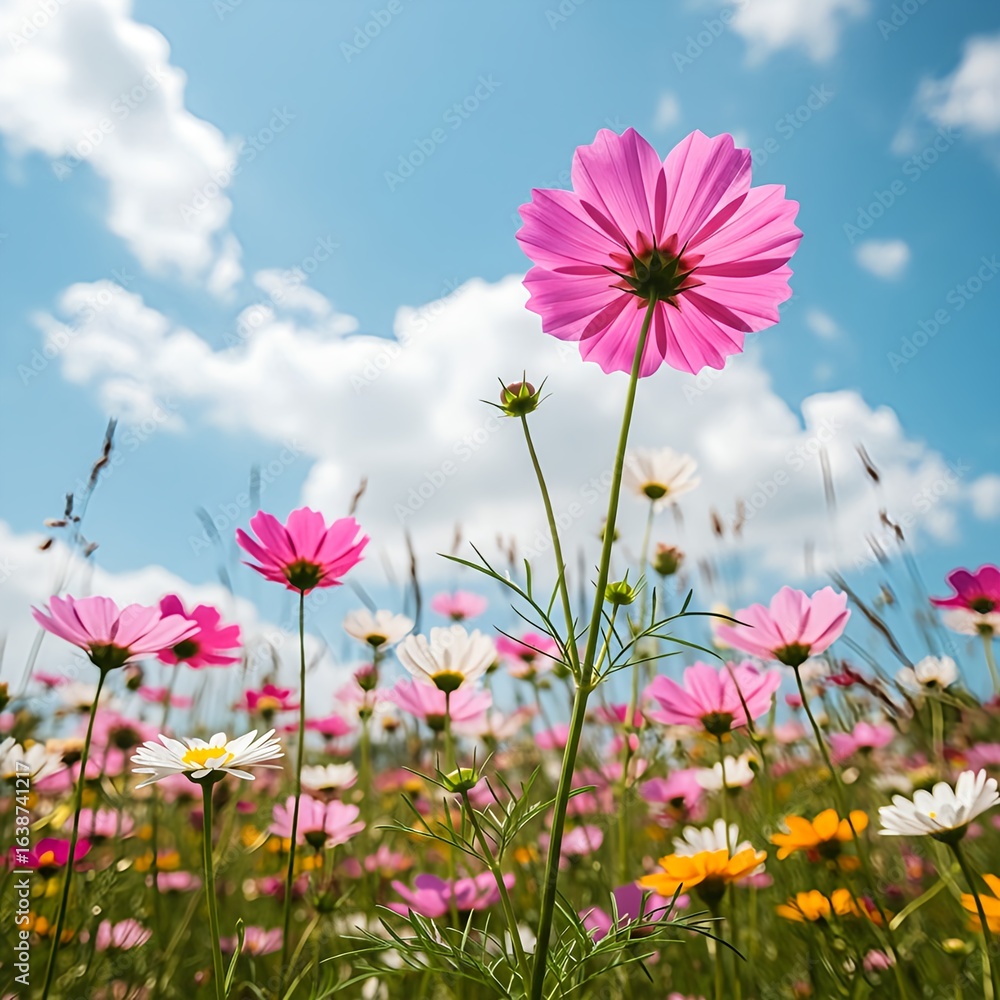 Vibrant Cosmos Flowers Blooming Under a Blue Summer Sky with Wispy Clouds Vibrant Cosmos Flowers Blooming Under a Blue Summer Sky with Wispy Clouds