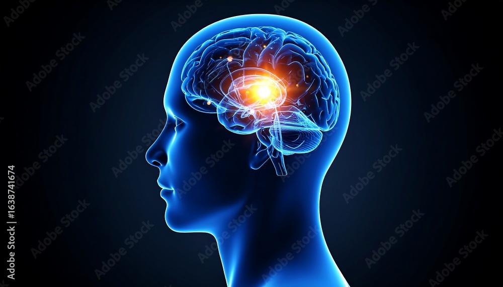 Obraz premium A cinematic profile view of a stylized, translucent human head with a glowing brain, illustrating a neurological impulse or a creative spark.
