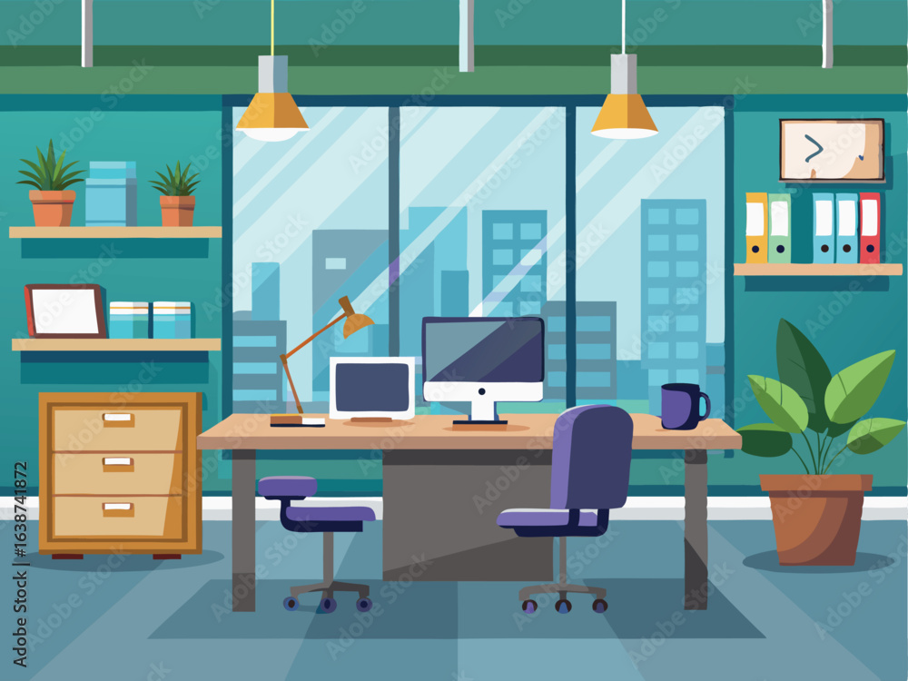 Fototapeta premium Modern office interior with furniture and bookshelves for work and decoration