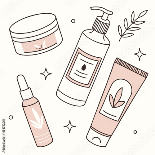 Collection of eight diverse skincare product bottles and containers featuring clean lines and modern design perfect for beauty and wellness branding