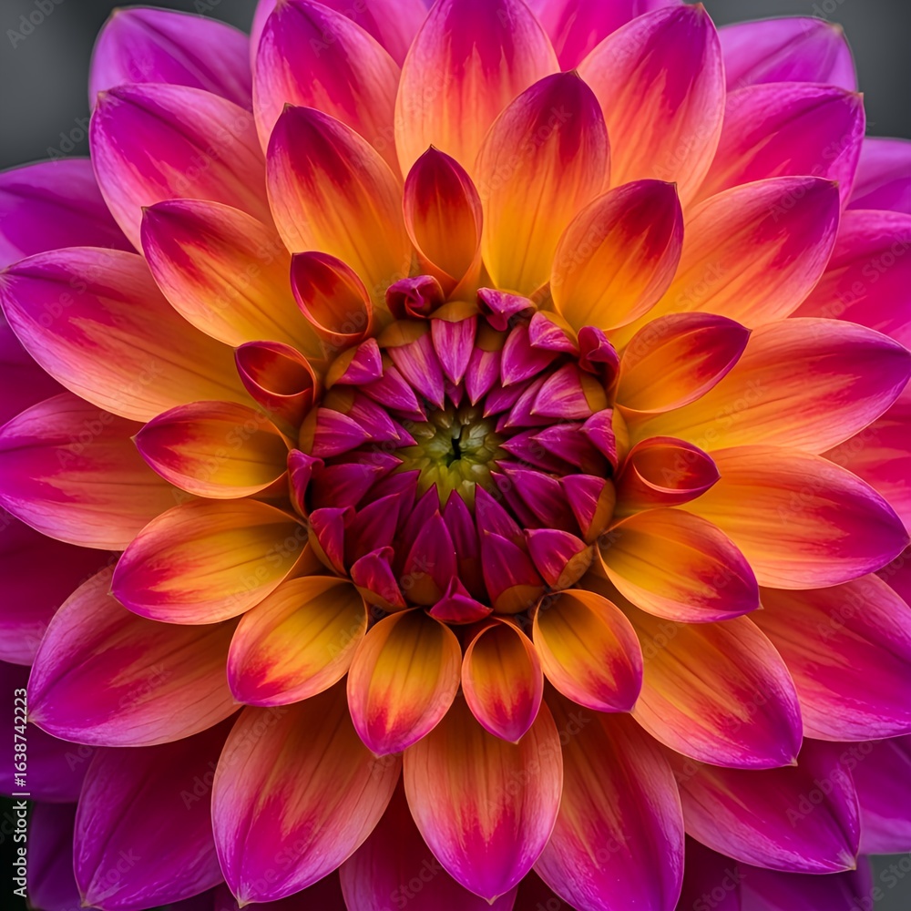 Vibrant Close Up of a Beautiful Dahlia Flower with Pink Orange and Yellow Petals Vibrant Close Up of a Beautiful Dahlia Flower with Pink Orange and Yellow Petals