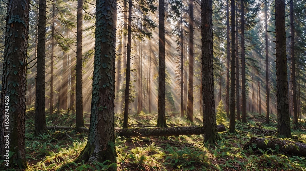 Fototapeta premium Morning Mist: Sunbeams in a Pine Forest
