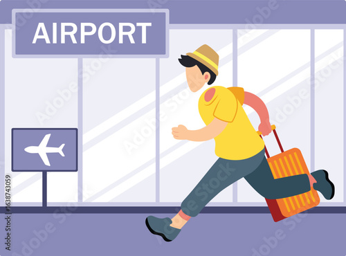 Man running at airport with luggage illustration