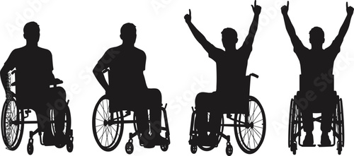 Silhouettes of men in wheelchairs in different poses, raising arms, celebrating, disability inclusion, independence, mobility, empowerment, active lifestyle, accessibility