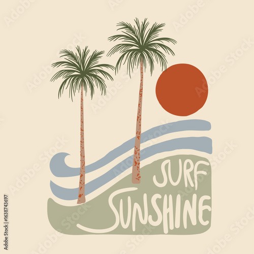 Surf and sunshine summer vector graphics. minimal simpole vector palm tree waves and sun. beach vector