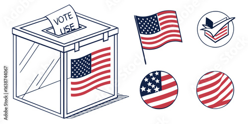American election symbols ballot box flag checkmark and stars vote voting