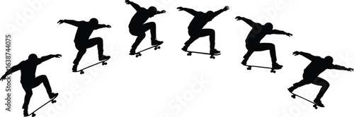 Silhouettes of skateboarder performing jump trick, extreme sport action, skateboarding sequence, athlete in motion, balance, skill, stunt, outdoor recreation, urban style