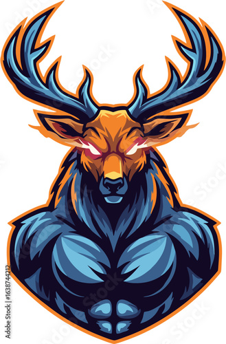 Vector illustration of a furious stag mascot with a powerful muscular body and glowing eyes, a symbol of strength and aggression for an esports logo.