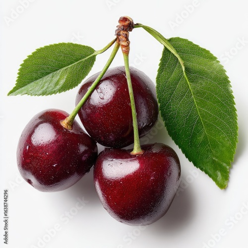 Three ripe cherries with leaves on a white background