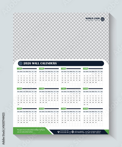 Calendar 2026, calendar 2026 week start Sunday corporate design template vector. wall calendar 2026, 2026 calendar design