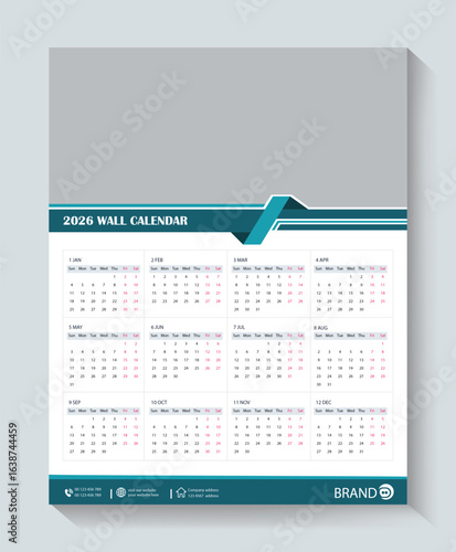 Calendar 2026, calendar 2026 week start Sunday corporate design template vector. wall calendar 2026, 2026 calendar design