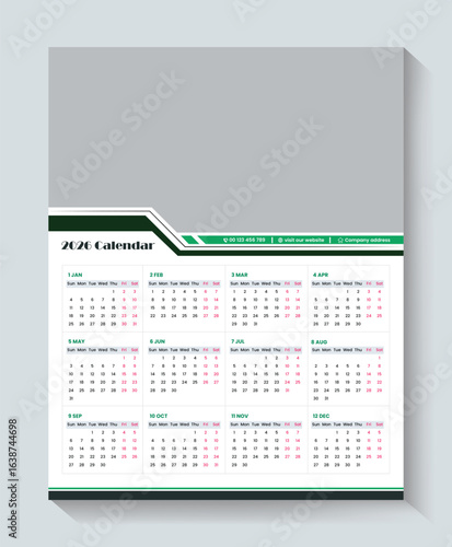 Calendar 2026, calendar 2026 week start Sunday corporate design template vector. wall calendar 2026, 2026 calendar design