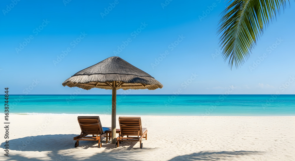 Obraz premium Sun-Drenched Tropical Beach: Wooden Lounge Chairs under Thatched Umbrella on Turquoise Shore