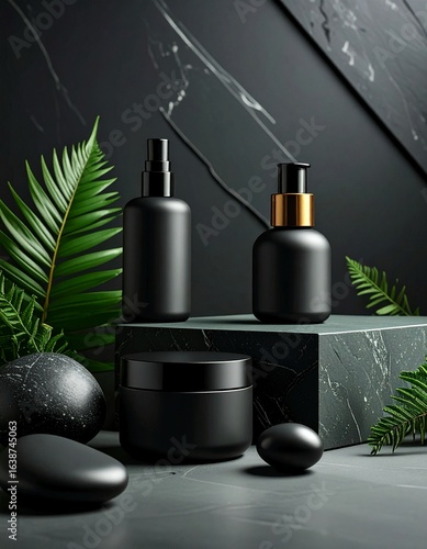 Luxury black cosmetic bottles mockup with marble and green leaves