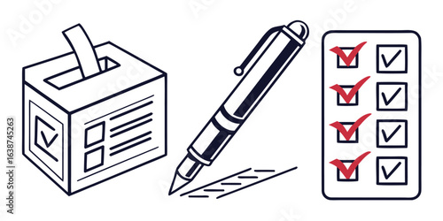 Hand drawn illustration of ballot box pen and checklist with red checkmarks voting election