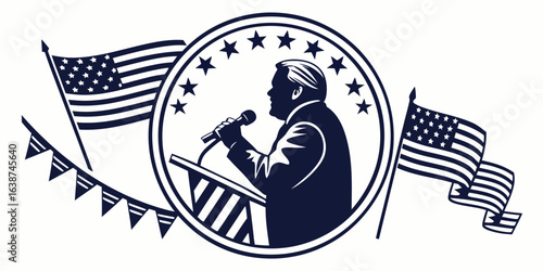 Politician speaking at podium with American flags and stars emblem politics speech