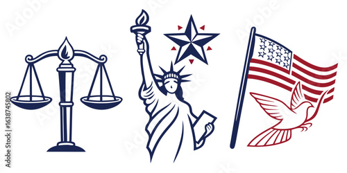 Scales of Justice Statue of Liberty American Flag and Dove Icons freedom