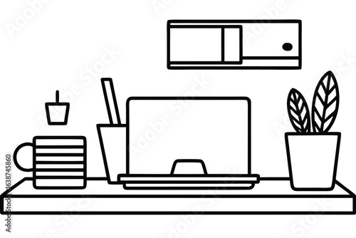 Simple line drawing of a desk with laptop and plants office work