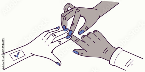 Three hands with blue fingernails interacting on a white background fingers