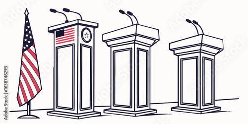 Three podiums with microphones and American flag in simple line art style lectern debate