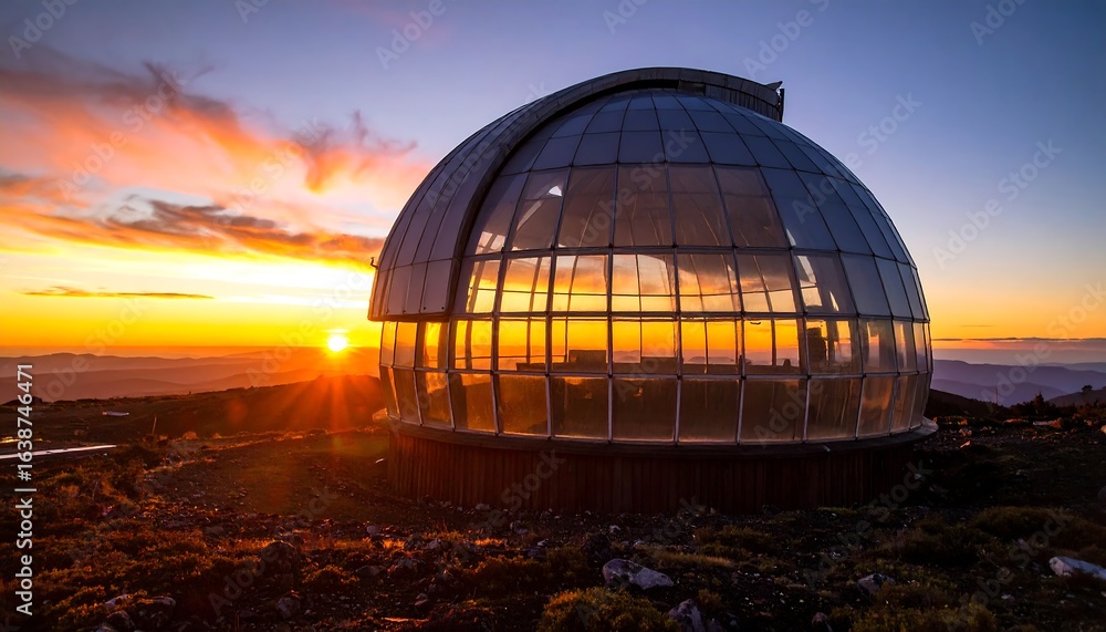 Obraz premium Glass Dome Structure at Sunset on Hilltop with Vibrant Sky