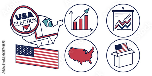 U S A election icons with map flag charts and ballot box USA election United States