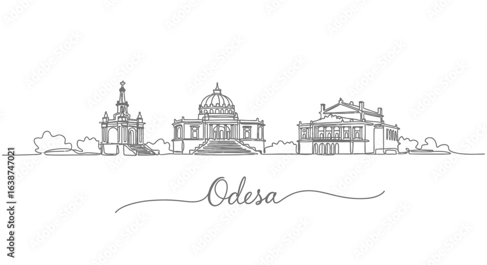 Fototapeta premium Odessa Ukraine Skyline Line Art Illustration Travel.