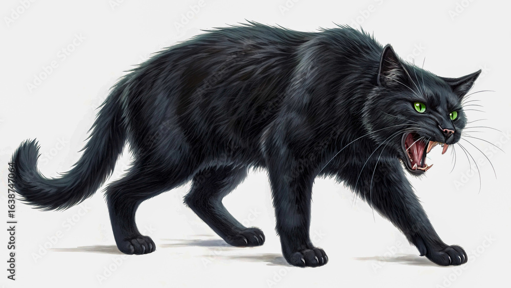 Realistic fierce black cat full body hissing, arched back, isolated on white. Realistic fierce black cat full body hissing, arched back, isolated on white.