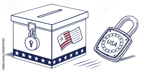 U S Ballot Box Secured with Lock and American Flag Design election voting