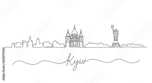 Kyiv Ukraine Skyline Silhouette with Line Art, and Vector Illustration.