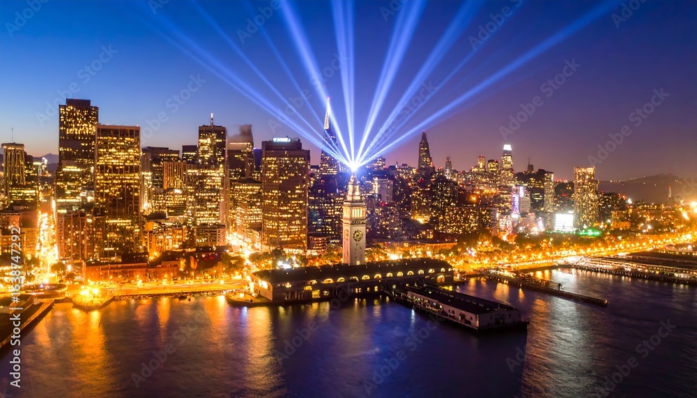 Fototapeta premium Illuminated city skyline at night with light beams.