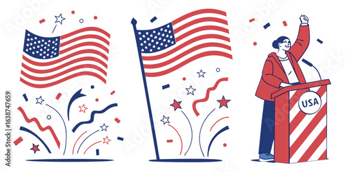 Woman speaking at podium with American flags and confetti celebration vector