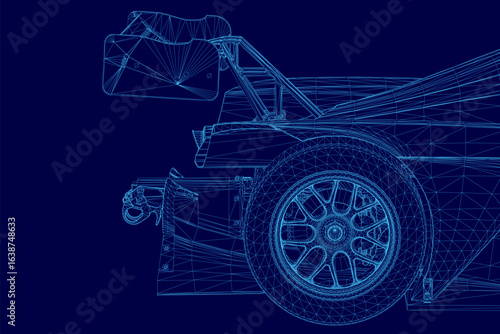 Blueprint of a race car displayed on a blue background, featuring detailed wireframe design with aerodynamic contours and technical specifications. The sporty vehicle showcases precise engineering.