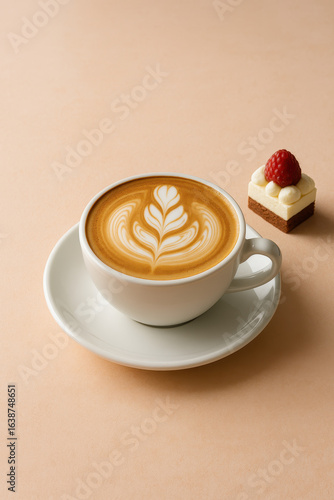 Latte Art Coffee with Raspberry Cake on Beige Background